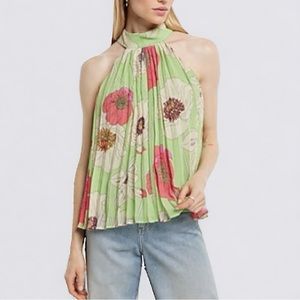 Express Floral Print Tie Halter Neck Pleated Top #08639461 Green Print Small